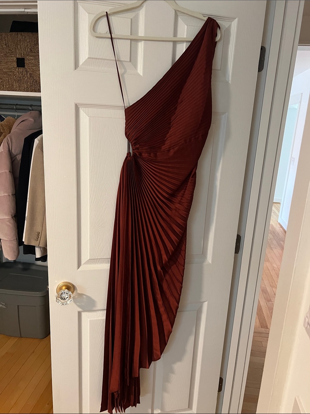 A.L.C. One-Shoulder Pleated Asymmetric Gown in Burgundy